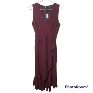 Ax Paris Plum Frill Faux Wrap Belted High Low Sleeveless Maxi Dress